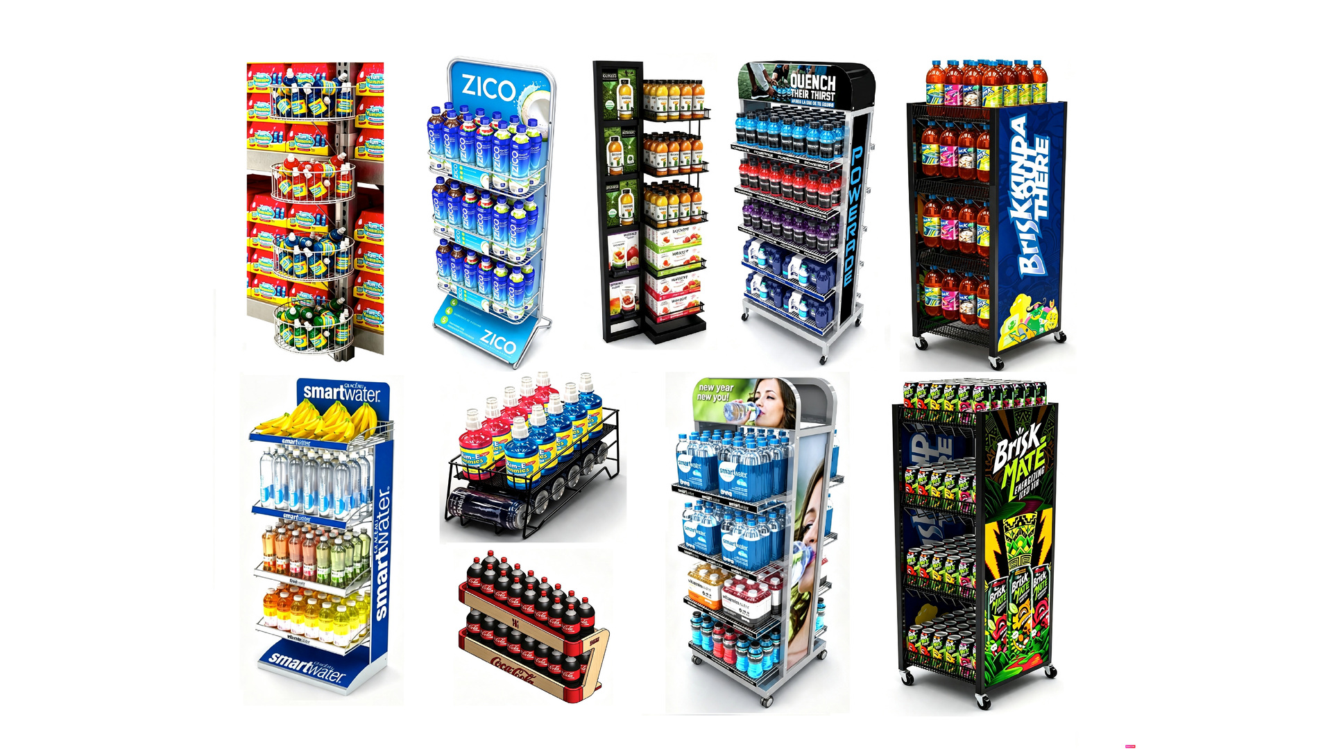 Custom beverage retail display collection with branded floor stands and shelving