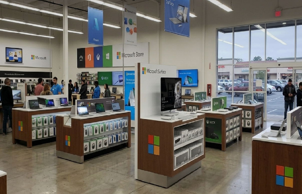 Microsoft Store interior with custom Surface, Xbox and accessory displays